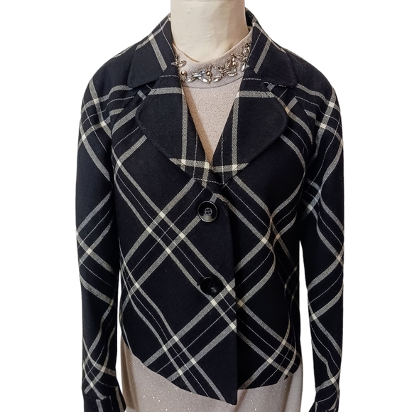 WOOL Career Jacket Black White French Styled Boxy Short Blazer Geometric Sz 8 - Picture 1 of 17